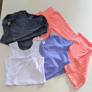 Mixed Ribbed Crop Tops & Skirt Set - Coral, Lavender, Charcoal, White